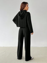 Women Solid Color Drop Shoulder Long Sleeve Drawstring Hooded Top And Pants Casual Set, For Autumn